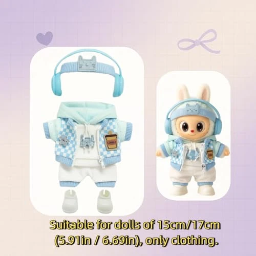 Blue Plaid Plush Doll Clothes For 17cm/6.69in – Headphones, Hoodie, Jacket, Pants & Shoes – Removable Costume (Fit For Labubu Doll Not Included) 5 Blue Plaid Plush Doll Clothes For 17cm/6.69in – Headphones, Hoodie, Jacket, Pants & Shoes – Removable Costume (Fit For Labubu Doll Not Included) - Image 5