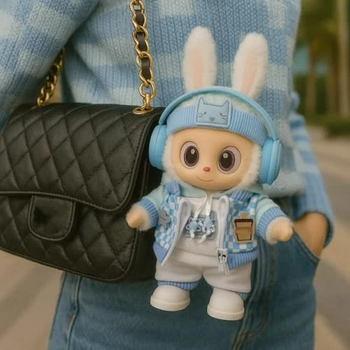 Blue Plaid Plush Doll Clothes For 17cm/6.69in – Headphones, Hoodie, Jacket, Pants & Shoes – Removable Costume (Fit For Labubu Doll Not Included) 3 Blue Plaid Plush Doll Clothes For 17cm/6.69in – Headphones, Hoodie, Jacket, Pants & Shoes – Removable Costume (Fit For Labubu Doll Not Included) - Image 3