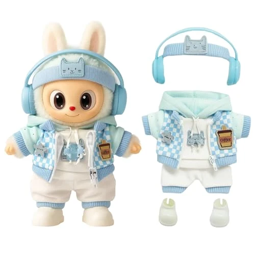 Blue Plaid Plush Doll Clothes For 17cm/6.69in – Headphones, Hoodie, Jacket, Pants & Shoes – Removable Costume (Fit For Labubu Doll Not Included)