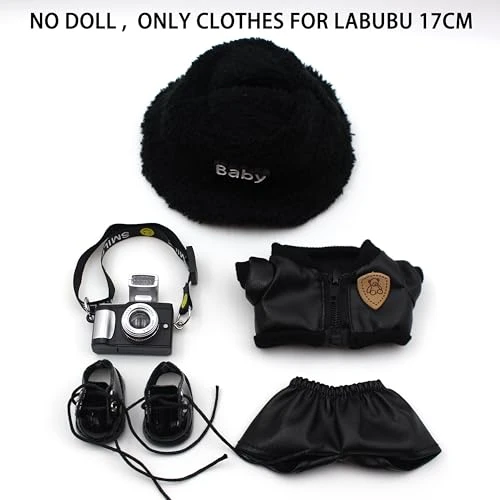 Original Design Doll Clothes Black Whole Set For 17cm Labubu With Hat,Jacket,Pants,Camera,Shoes(NO Doll)