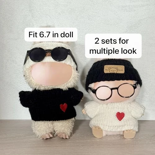 Clothes For 17cm Doll Accessories,Outfits For Labubu,Knit Black And White Sweaters, Beanie Hats And Sunglasses,2 Sets No Doll 3 Clothes For 17cm Doll Accessories,Outfits For Labubu,Knit Black And White Sweaters, Beanie Hats And Sunglasses,2 Sets No Doll - Image 3