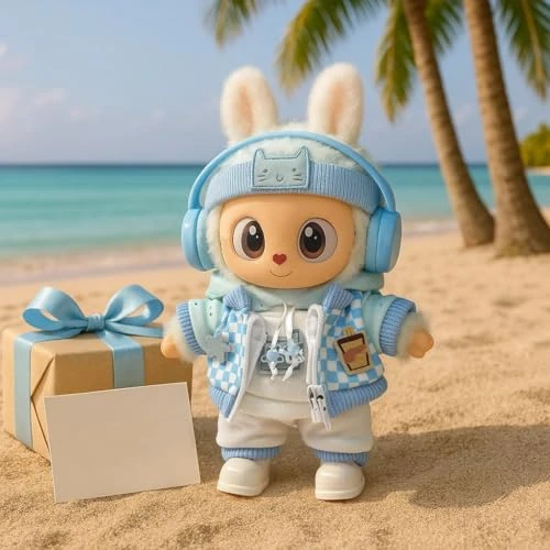 Blue Plaid Plush Doll Clothes For 17cm/6.69in – Headphones, Hoodie, Jacket, Pants & Shoes – Removable Costume (Fit For Labubu Doll Not Included) 4 Blue Plaid Plush Doll Clothes For 17cm/6.69in – Headphones, Hoodie, Jacket, Pants & Shoes – Removable Costume (Fit For Labubu Doll Not Included) - Image 4